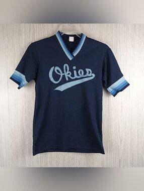VTG 70's 80s  Swingster Athletic Jersey V-Neck Small Okies softball jersey blue